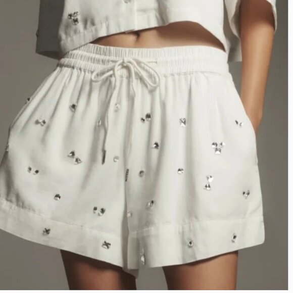 Anthropologie NWT Cristal Embellished White Cotton Shorts size L - Picture 1 of 7